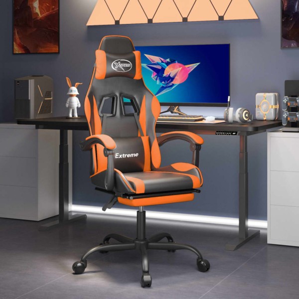 Gaming chair with footrest, black and orange, artificial leather