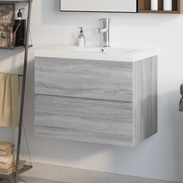 Washbasin cabinet with wash basin, gray oak, wood