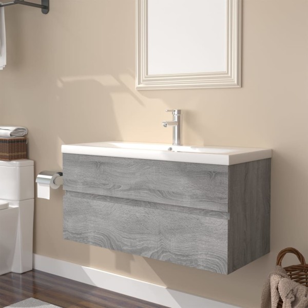 Washbasin cabinet with wash basin, gray oak, wood