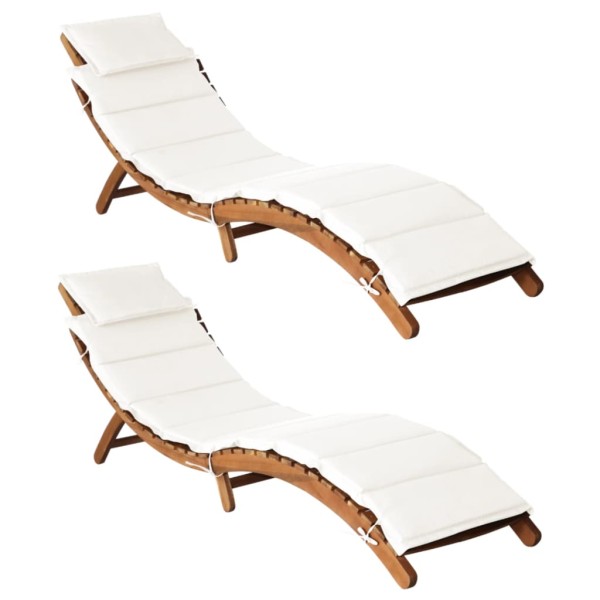 Sunbeds with mattresses, 2 pcs., creamy white, acacia