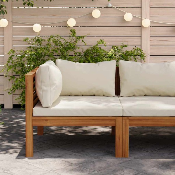 Modular corner sofa with cream cushions, acacia