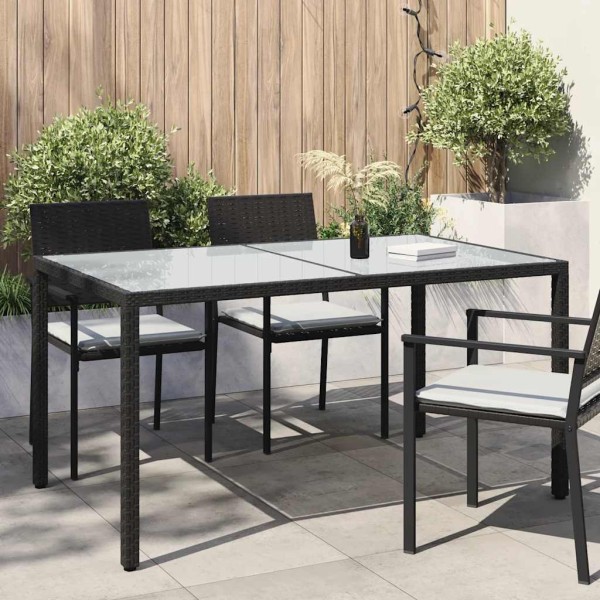 Garden table, black, 150x90x75cm, tempered glass/polyrattan