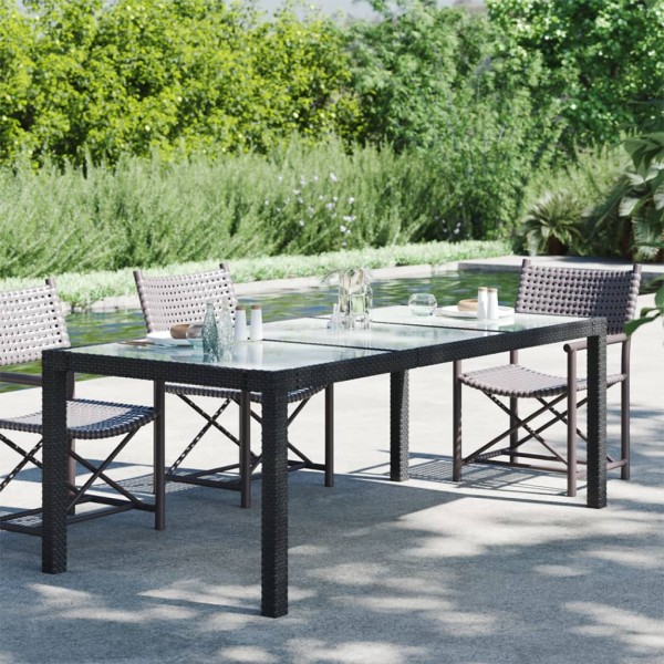 Garden table, black, 190x90x75cm, tempered glass/polyrattan