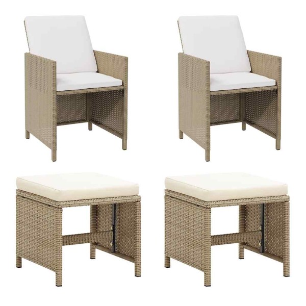 Garden chairs with stools, 2 pcs., sand, polyrattan