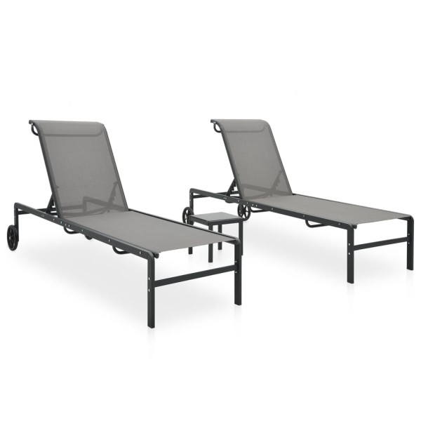 Sunbeds with table, 2 pcs., textile and steel