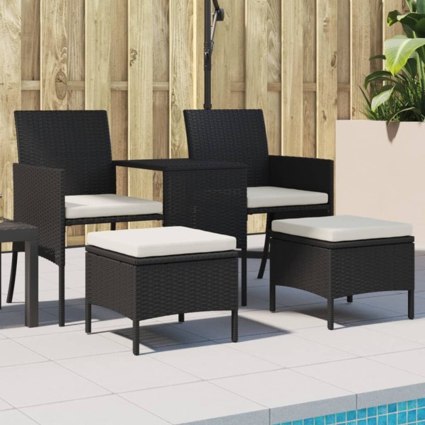 Double garden sofa with table/stools, black, polyrattan