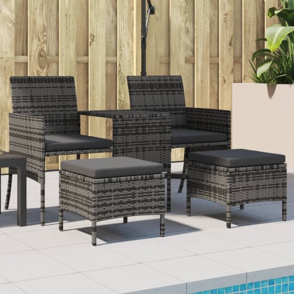 Two-seater garden sofa with table/stools, gray, polyrattan