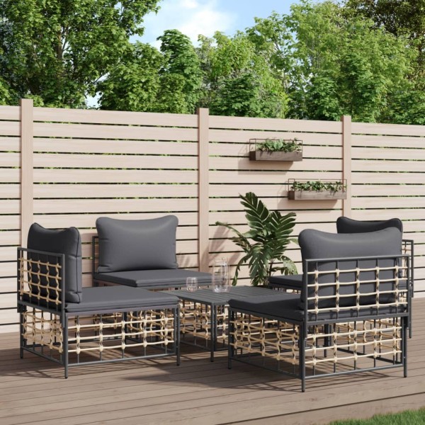 Garden set with pillows, 5 parts, anthracite, polyrattan