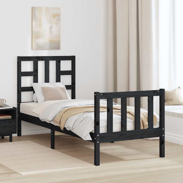 Bed frame with headboard, black, wood, small single