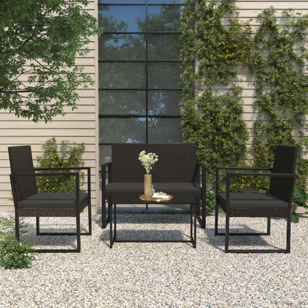 Garden set with cushions, 4 parts, black, polyrattan