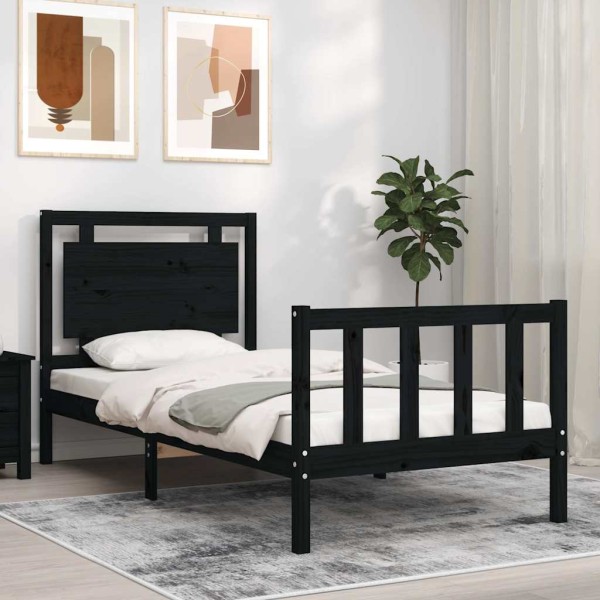 Bed frame with headboard, black, wood, small single