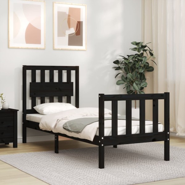 Bed frame with headboard, black, wood, small single