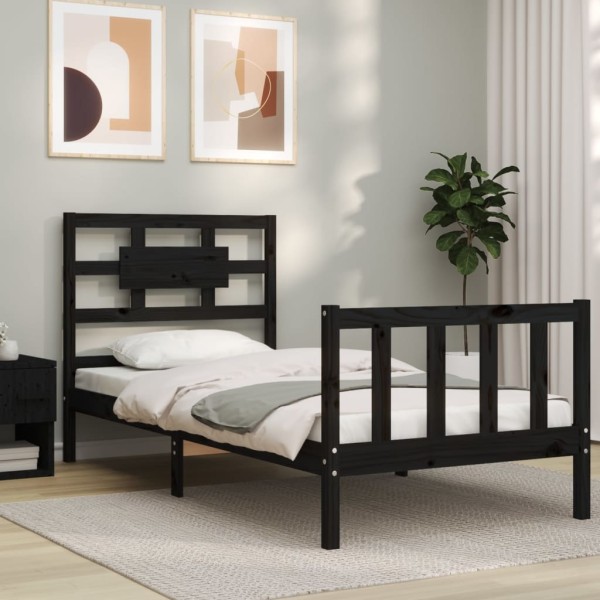 Bed frame with headboard, black, wood, small single