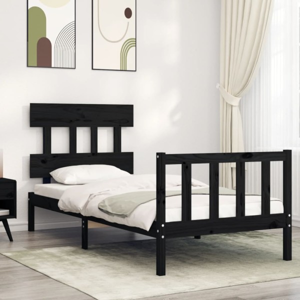 Bed frame with headboard, black, wood, small single