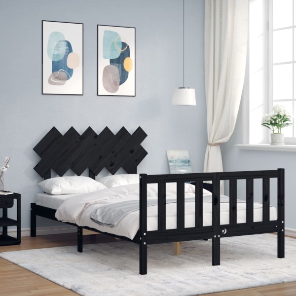Bed frame with headboard, black, solid wood, double
