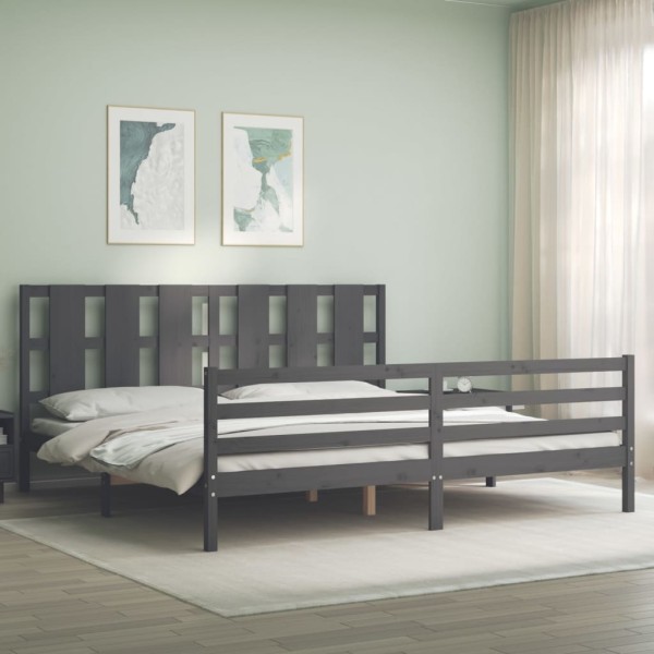 Bed frame with headboard, gray, 200x200cm, solid wood