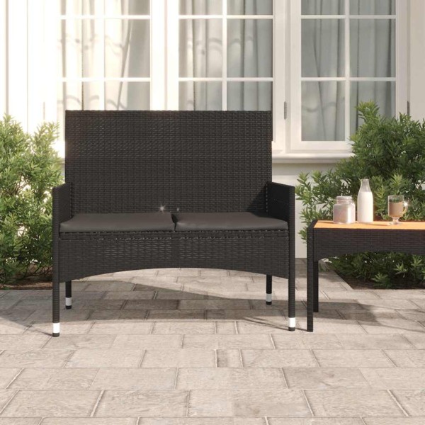Double garden bench with cushions, black, polyrattan