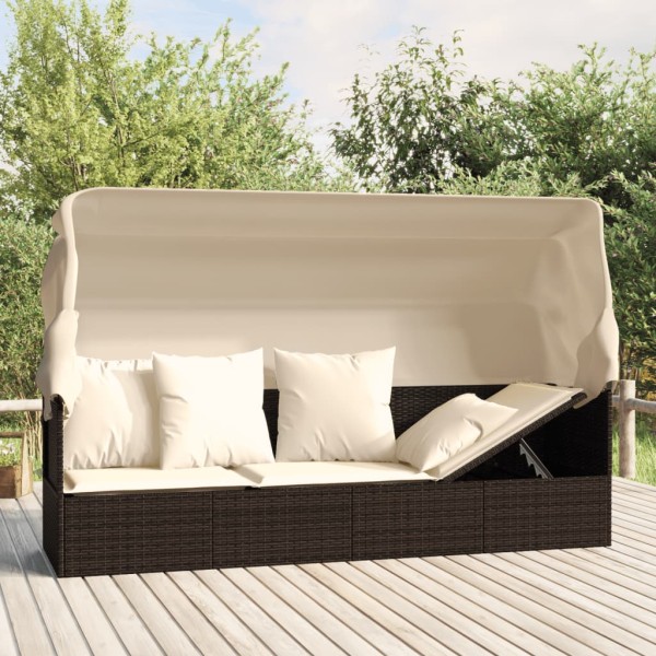 Outdoor lounger with roof/pillows, brown, polyrattan