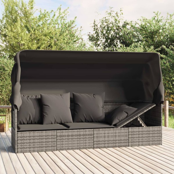 Outdoor lounger with canopy/pillows, grey, polyrattan