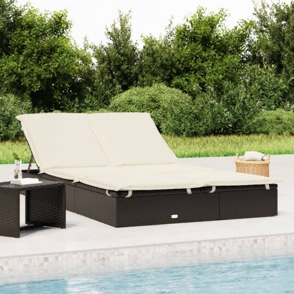 Double sunbed with mattresses, black, polyrattan