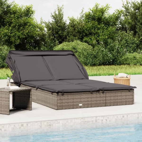 Sun lounger with canopy, grey, 213x118x97cm, polyrattan