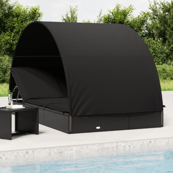 Sun lounger with canopy, black, 211x112x140cm, polyrattan