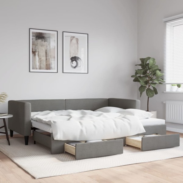 Bed with pull-out part/drawers, gray, 90x200cm, fabric