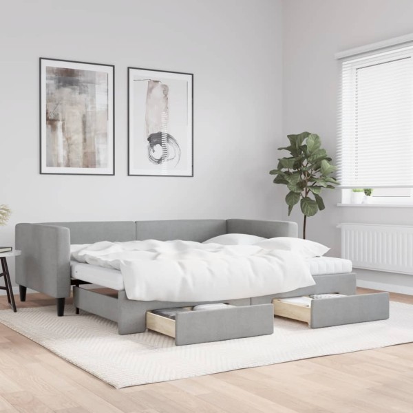 Bed with pull-out part/drawers, gray, 90x200cm, fabric