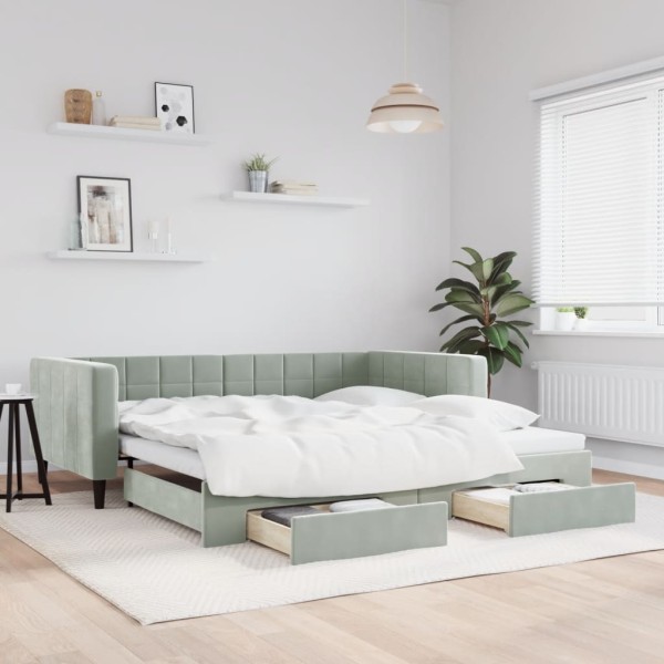 Bed with pull-out part/drawers, grey, 100x200cm, velvet