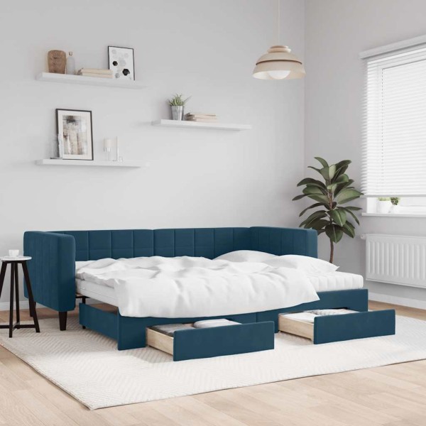 Bed with pull-out section/drawers, blue, 80x200cm, velvet