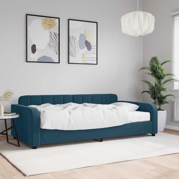 Bed with mattress, blue, 100x200cm, velvet