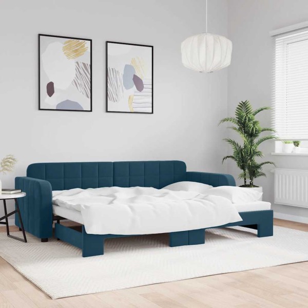 Bed with pull-out part, blue, 80x200cm, velvet