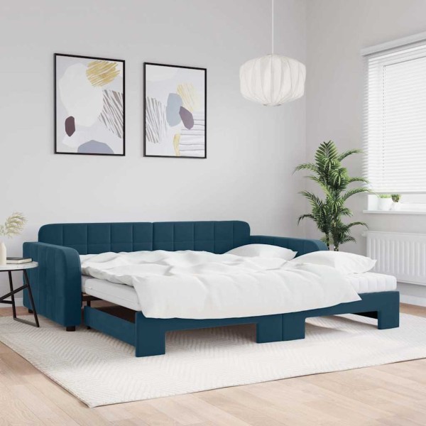 Bed with pull-out part/mattress, blue, 100x200cm, velvet