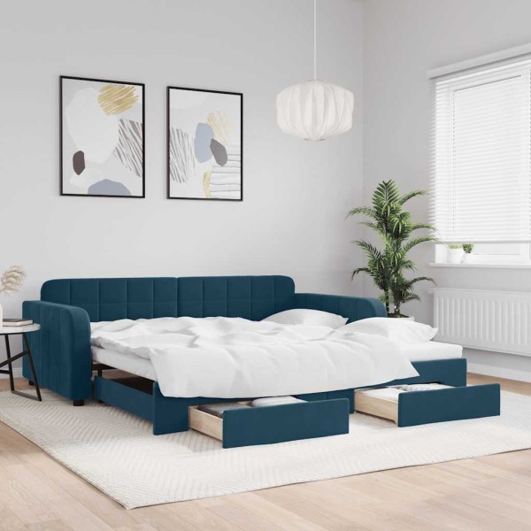 Pull-out bed with drawers, blue, 100x200cm, velvet