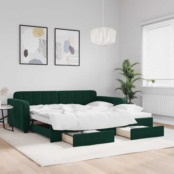 Bed with pull-out part/drawers, green, 100x200cm, velvet
