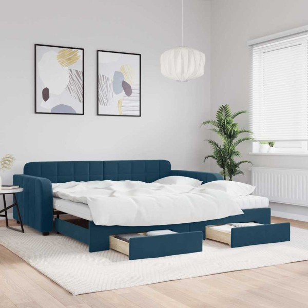 Pull-out bed with drawers, blue, 100x200cm, velvet