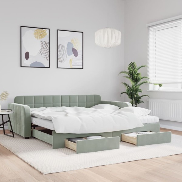 Bed with pull-out part/drawers, grey, 100x200cm, velvet