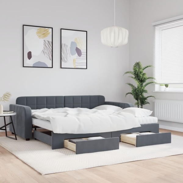Bed with pull-out part/drawers, gray, 90x190cm, velvet