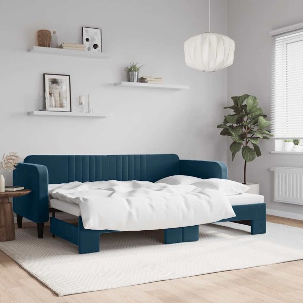 Bed with pull-out part, blue, 80x200cm, velvet