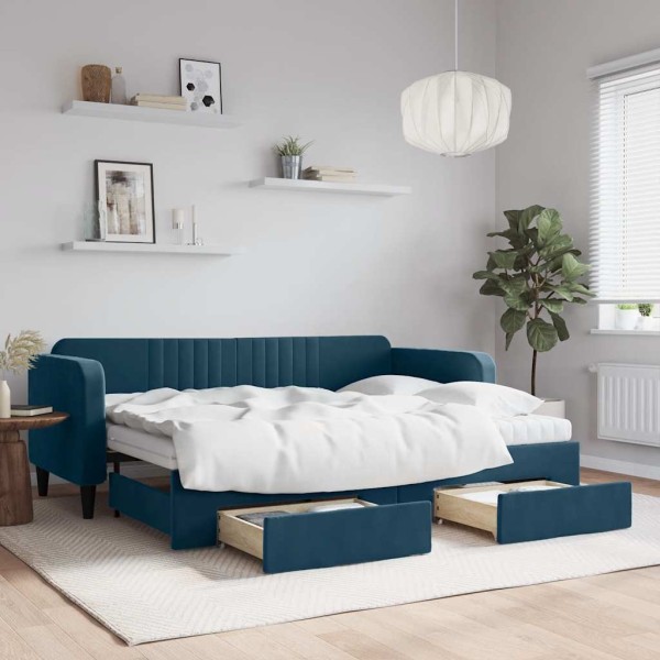Bed with pull-out section/drawers, blue, 80x200cm, velvet
