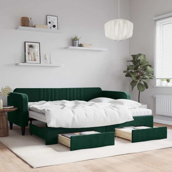 Bed with pull-out part/drawers, green, 90x200cm, velvet
