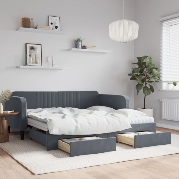 Bed with pull-out part/drawers, gray, 90x190cm, velvet