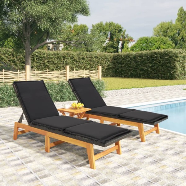 Sunbeds with mattresses, 2 pcs., polyrattan and acacia