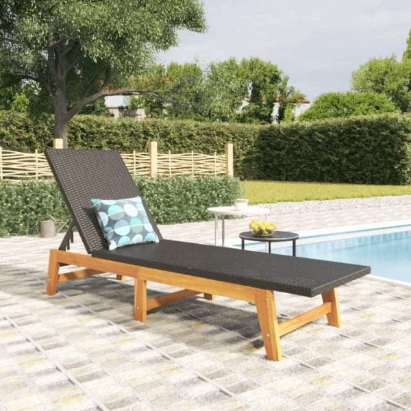 Sun lounger, black and brown, polyrattan and solid acacia