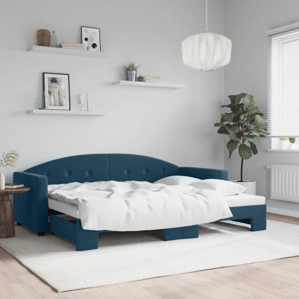 Bed with pull-out part, blue, 80x200cm, velvet