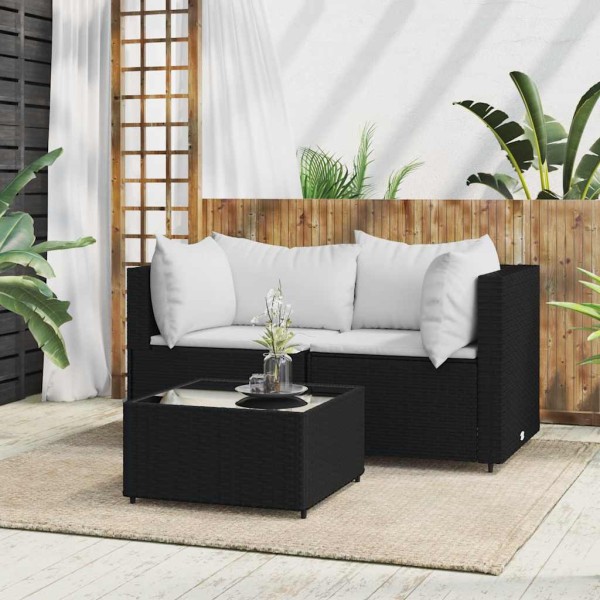 Garden set with cushions, 3 parts, black, polyrattan