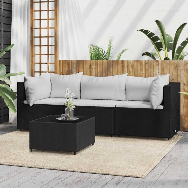 Garden set with cushions, 4 parts, black, polyrattan