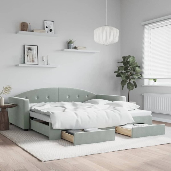 Bed with pull-out part/drawers, grey, 100x200cm, velvet