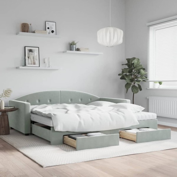 Bed with pull-out part/drawers, grey, 100x200cm, velvet