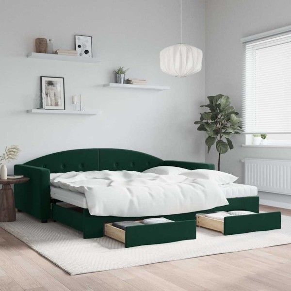 Bed with pull-out part/drawers, green, 100x200cm, velvet